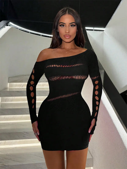 Stretchy Hollow Out Mesh Bodycon Long Sleeve See Through Night Lingerie
