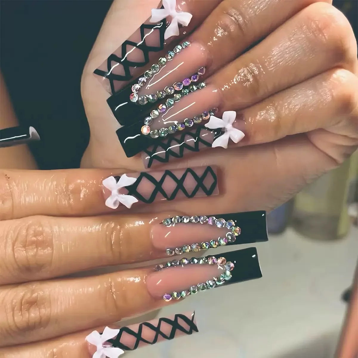 24Pcs Gold French Border False Nails Long Coffin False Nails with Rhinestones Ballerina Full Cover Nail Tips Press on Nails