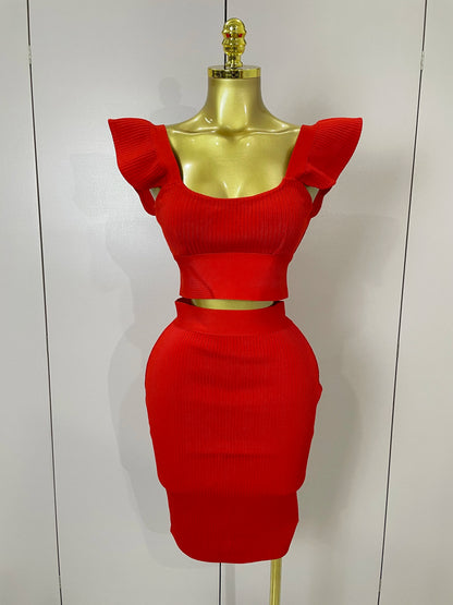 Celebrity Ruffles Red Bandage Skirt Sets