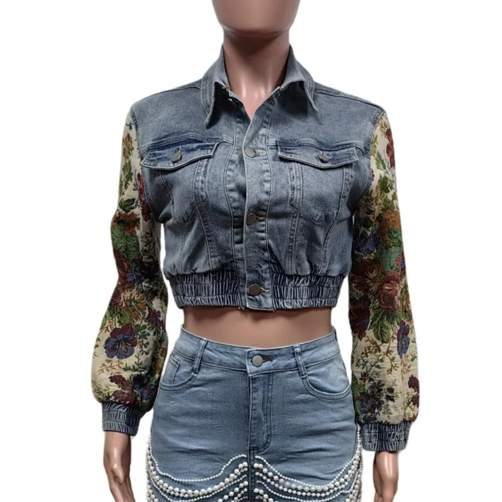 Zenzi Printed Patchwork Denim Jacket (Buttons Pocket)