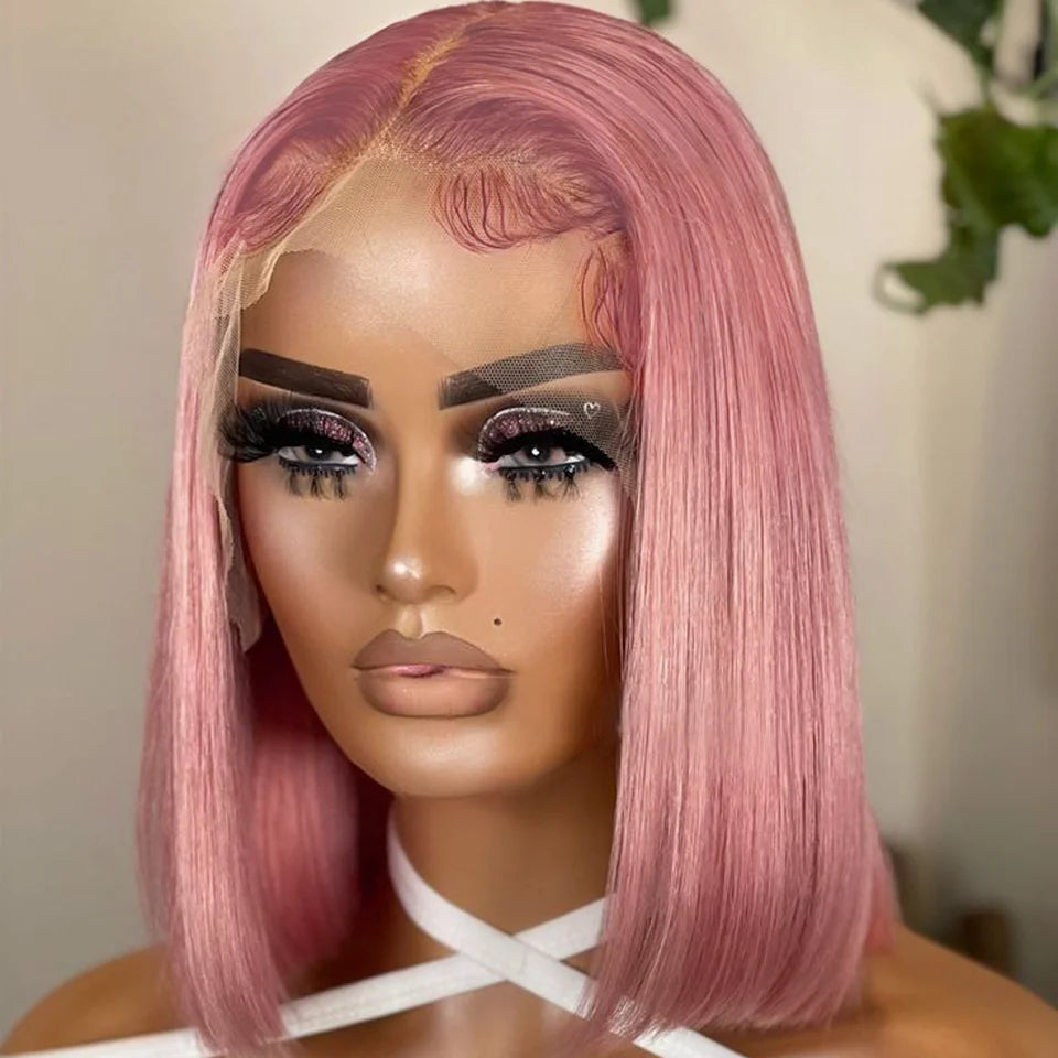 Pink Bob Wig Silky Straight Lace Front Human Hair Wigs For Women Short Bob Transparent Lace Wig Bleached Knots Pre Plucked Pink