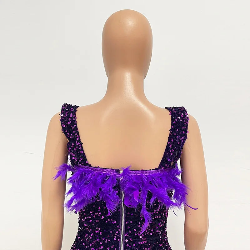Short Sequins Halter Feathers Spicy Dresses