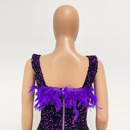 Short Sequins Halter Feathers Spicy Dresses