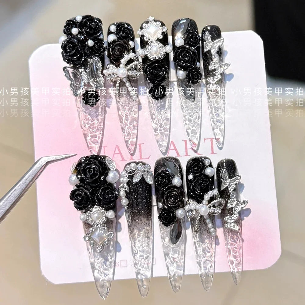 10Pcs Luxury Court Handmade Long Stiletto Full Cover Nails 3D Spice Girl Sparkling Diamond Bow Pearl Flowers Wearable Fake Nails