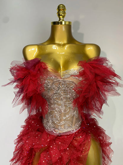 Strapless Ruffles Bodycon Maxi High Split Outfits