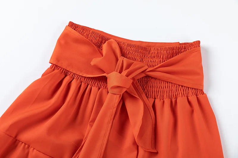 Puff Sleeve O Neck Tops + High Waist Wide Leg Pants (2 Pcs.)