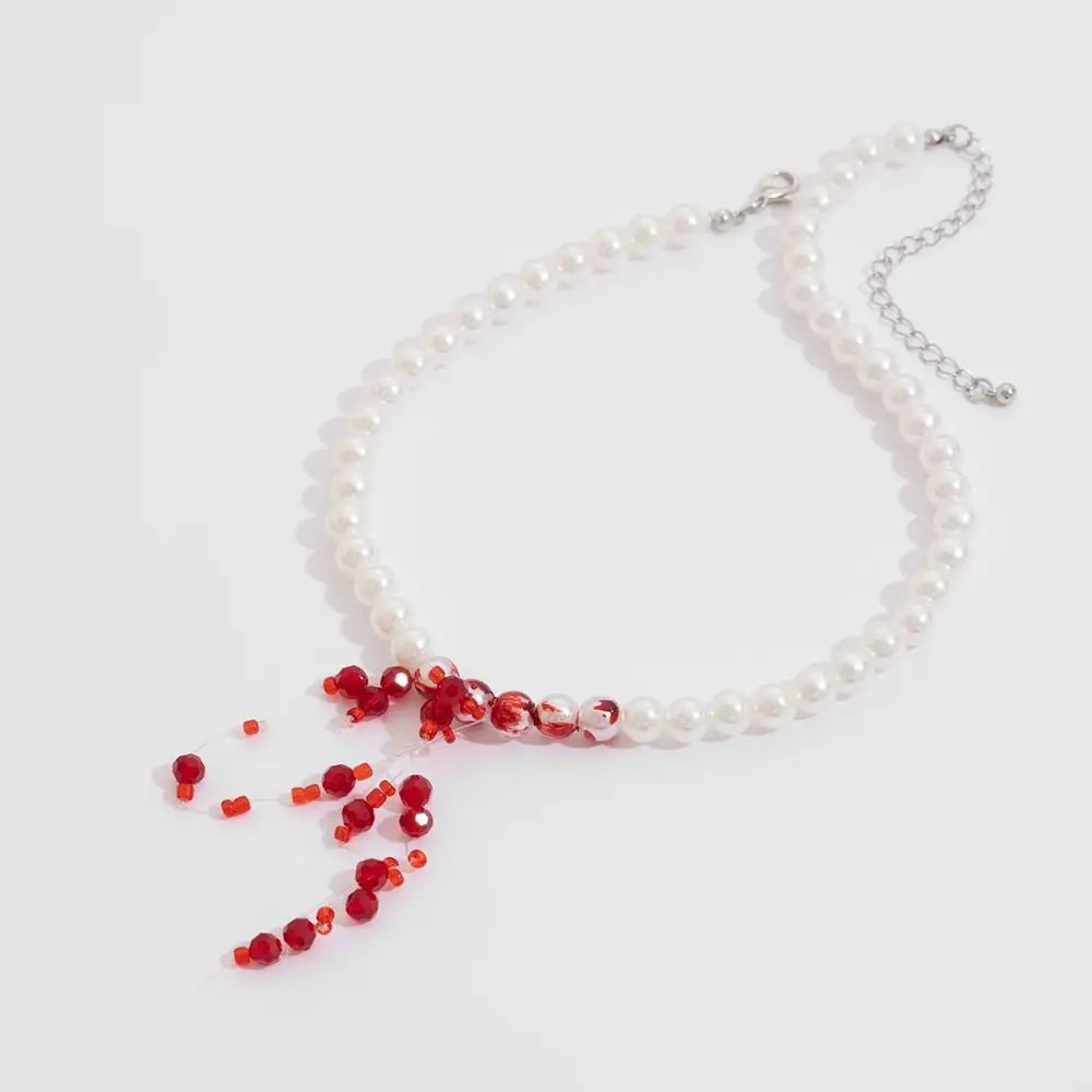 Halloween Gothic Imitation Pearl Blood Drop Necklace