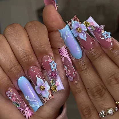 24Pcs Long Ballet False Nails Pink Butterfly with Rhinestones French Design Wearable Fake Nails Glitter Press on Nails Tips Art