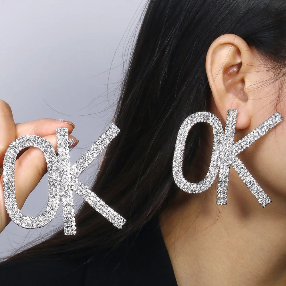 Stonefans Statement Letter Large OK Earrings Stud Jewelry for Women Fashion Shiny Rhinestone Earrings Hollow Accessories