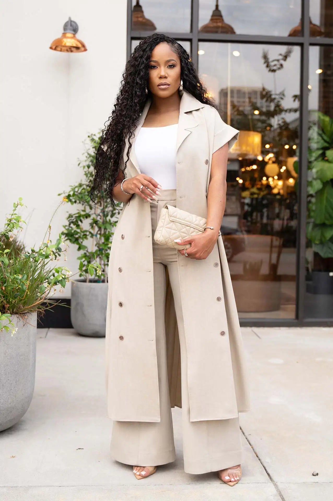 Elegant Long Trench and Pants Outfits (2 pcs.)