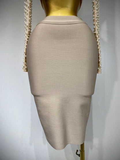 Celebrity Long Sleeve Mesh Pearl Top + Midi Skirt Sets