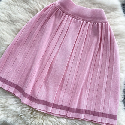 Newest Knitting Two Pieces Sets Button Vintage Basic Tops + High Waist Pleated Skirt Women Fashion 2pcs Suits