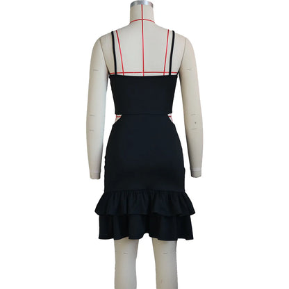 European and American Fashion Sling Low-cut Ruffled Mini Dress