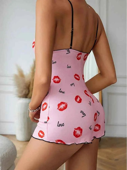 One Piece Red Lip Printed Sleeveless Night Onsie