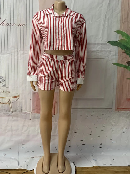 Striped Blouse Shirt Top + Matching Shorts Sets (2pcs.)