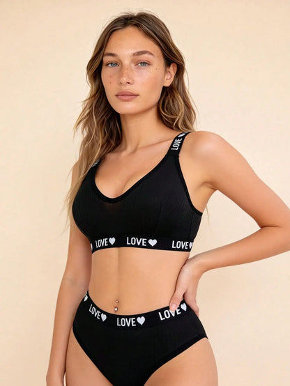 Comfortable Bra + Brief Set With Love Print