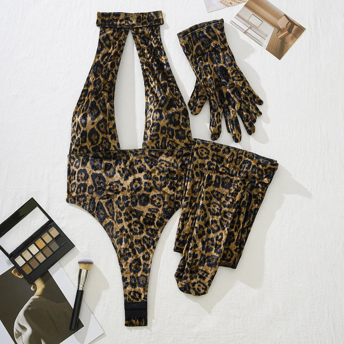 Leopard Print Bodysuit + Gloves + Leggings Backless Deep V Suspenders Sleeveless Bodysuits Thin 3X4C