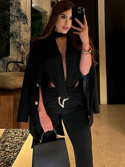 Deep V-Neck Metal Buckle Ruched Cross Bandage Jumpsuits