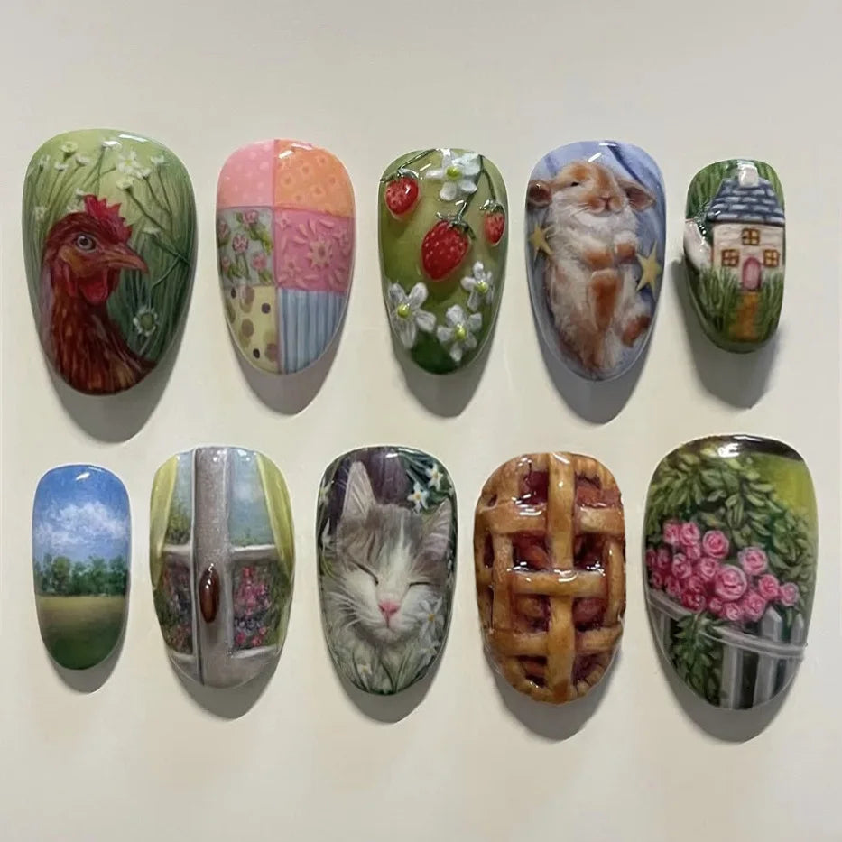 24pcs Flower Print Press on Nails Wine Red Blush Almond False Nail Tips Wearable Reusable Summer Spicy Girl Fake Nails