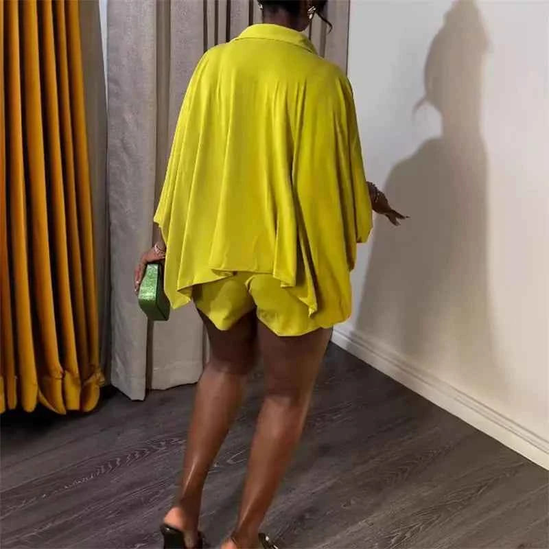 Solid Batwing Sleeve Loose Shirt Top + Shorts Casual Matching Sets