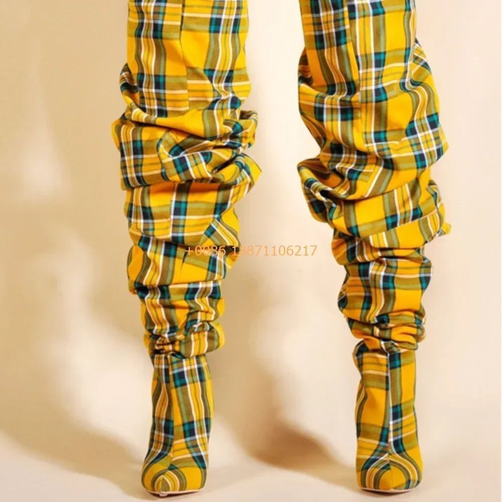 Plaid Over Knee Pointed Model Catwalk Stilettos Boots