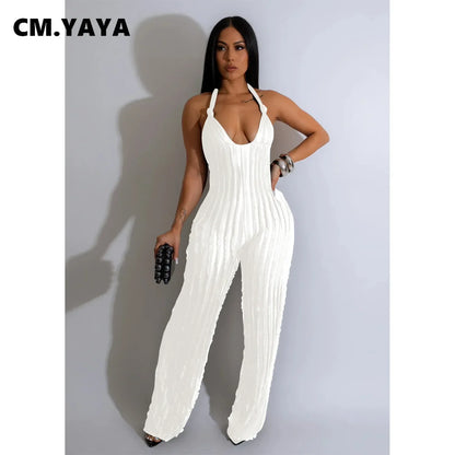 Ruffles Deep V-neck Halter Backless Wide Leg Jumpsuits