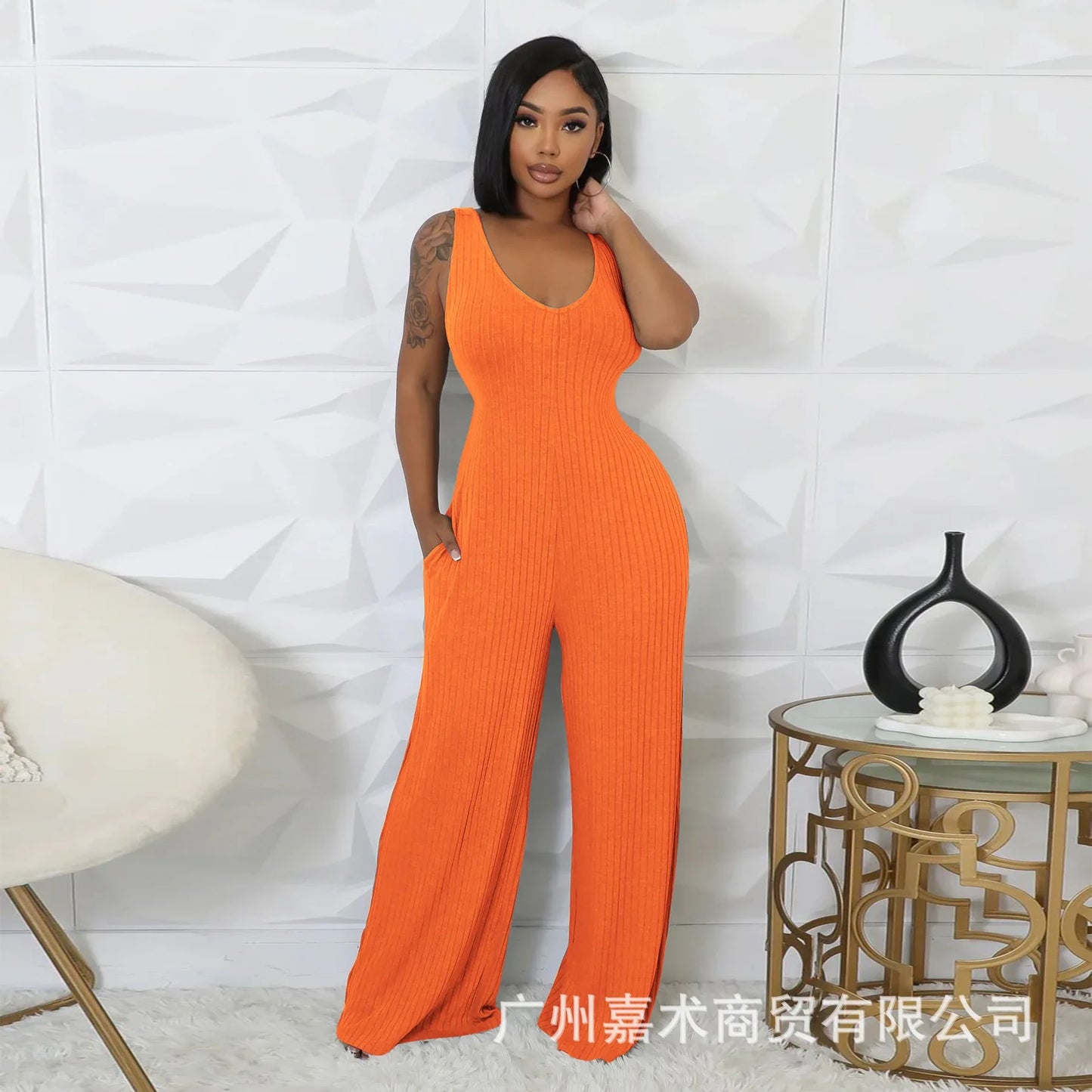 Trendy Solid Color Elastic Wide Leg Jumpsuits (2pcs.)