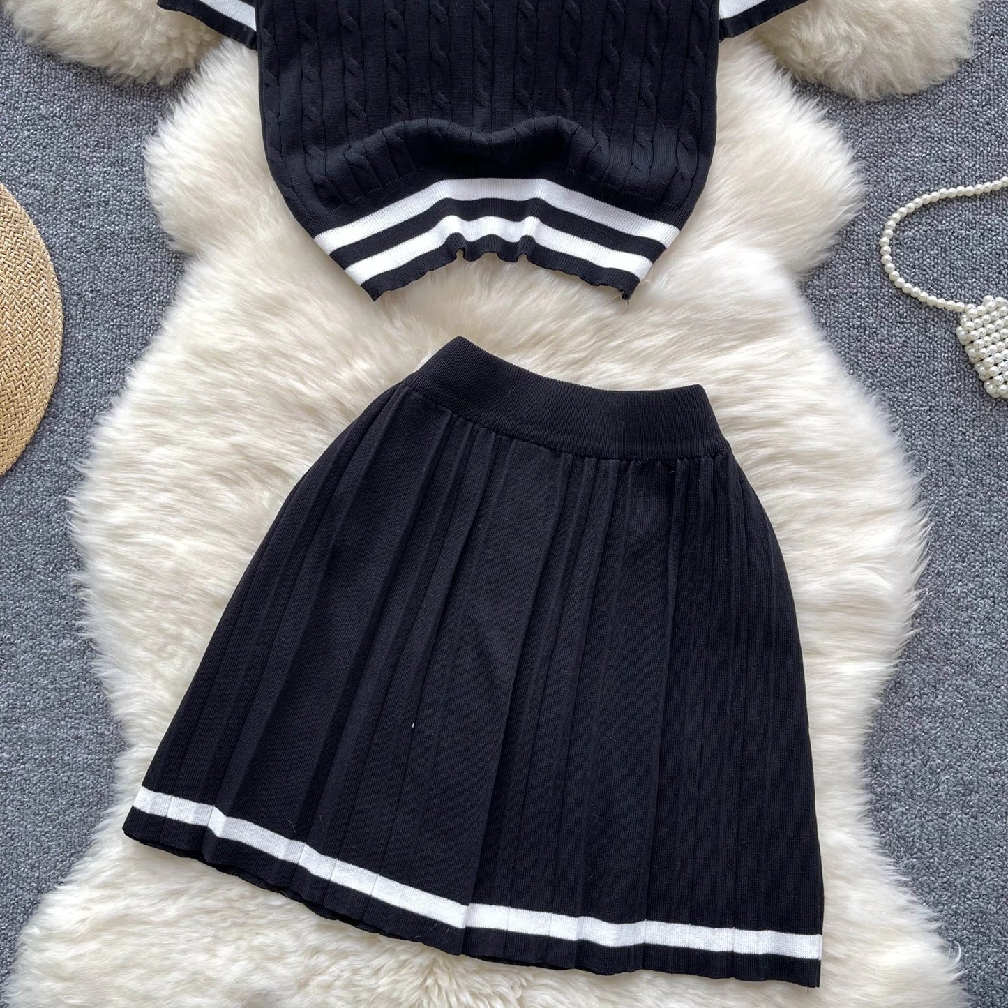 Newest Knitting Two Pieces Sets Button Vintage Basic Tops + High Waist Pleated Skirt Women Fashion 2pcs Suits