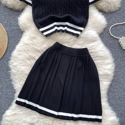 Newest Knitting Two Pieces Sets Button Vintage Basic Tops + High Waist Pleated Skirt Women Fashion 2pcs Suits