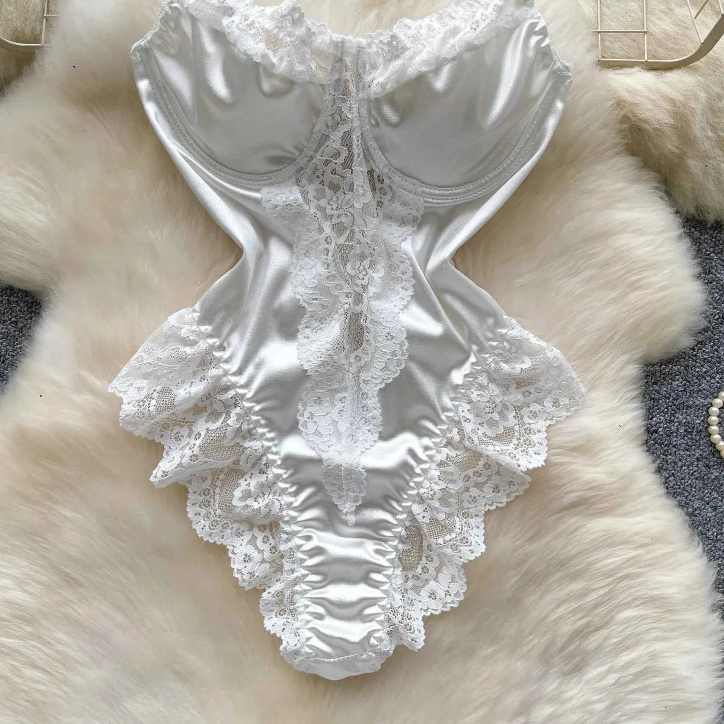 Satin Comfortable Strap Lace Spliced Sheer Lingerie