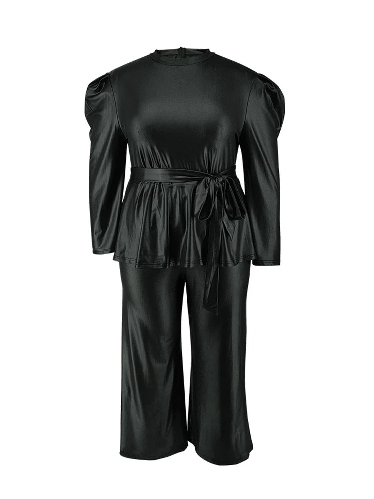 Long Sleeve Top and Pants Pu Leather Curvy Sets