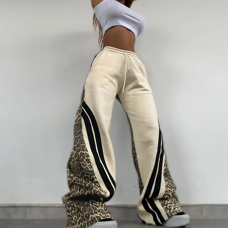 Sophie Leopard Printed Striped Wide Leg Sweatpants High Waisted Straight Trouser