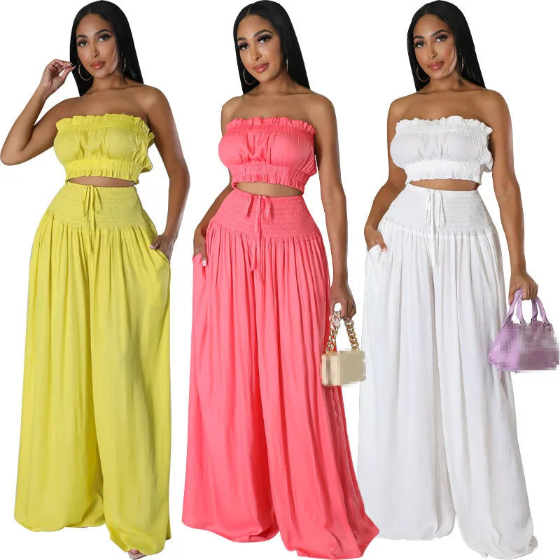 Luxury Breathable Sleeveless Crop Tube Top + Wide Leg Bottoms (2pcs.)