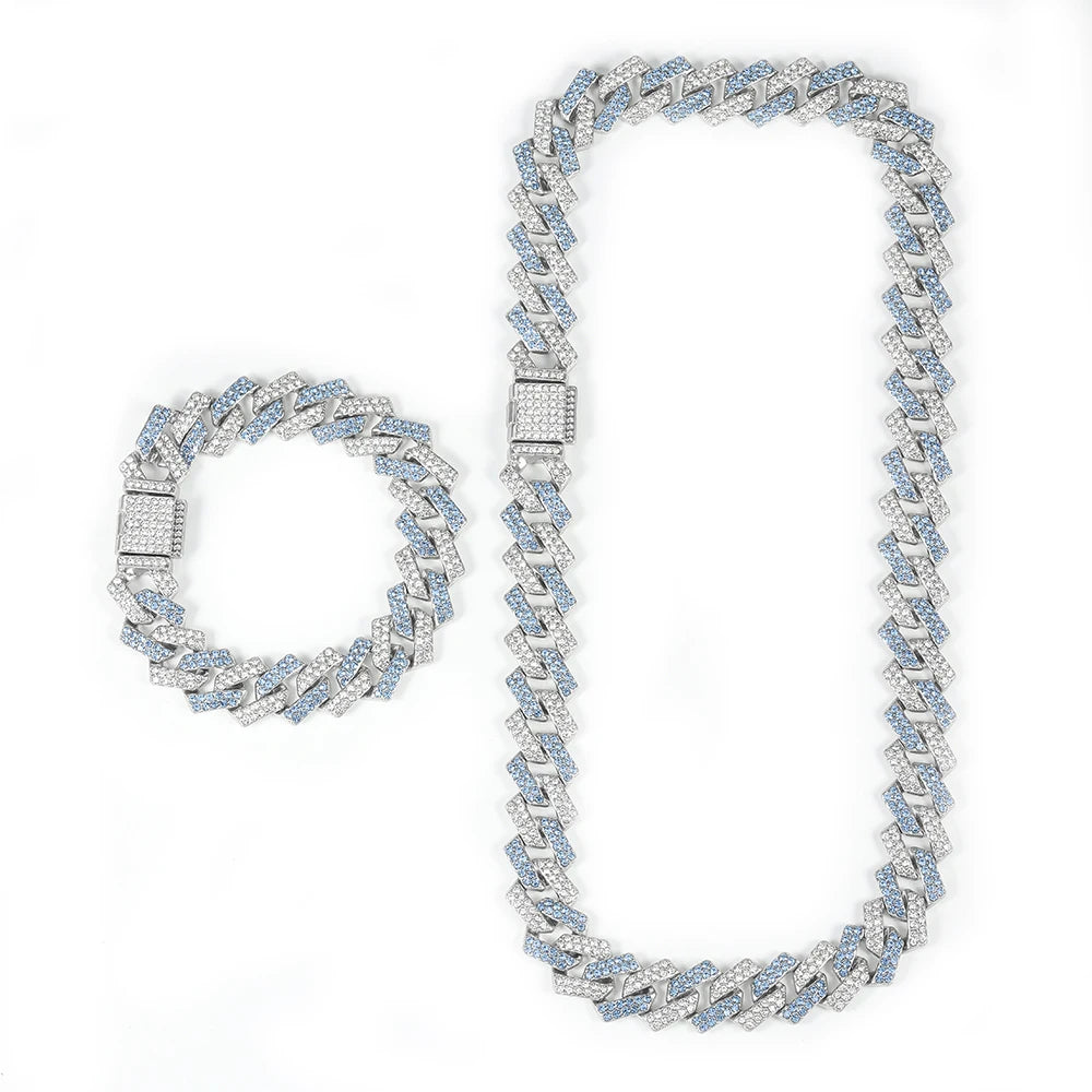 2PCS Hip Hop Cuban Blue White Chain Bracelet + Necklace Men/Women Gifts Every Day Wear Exquisite Punk Style Jewelry