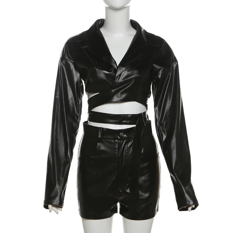 PU Leather Black 2 Piece Set Women Hipster Sexy V-Neck Long Sleeve Crop Top and Shorts Matching Party Clubwear Streetwear