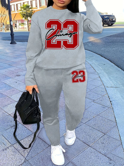 Round-neck pullover + pants set printed design two-piece set fall/winter pullover outfit