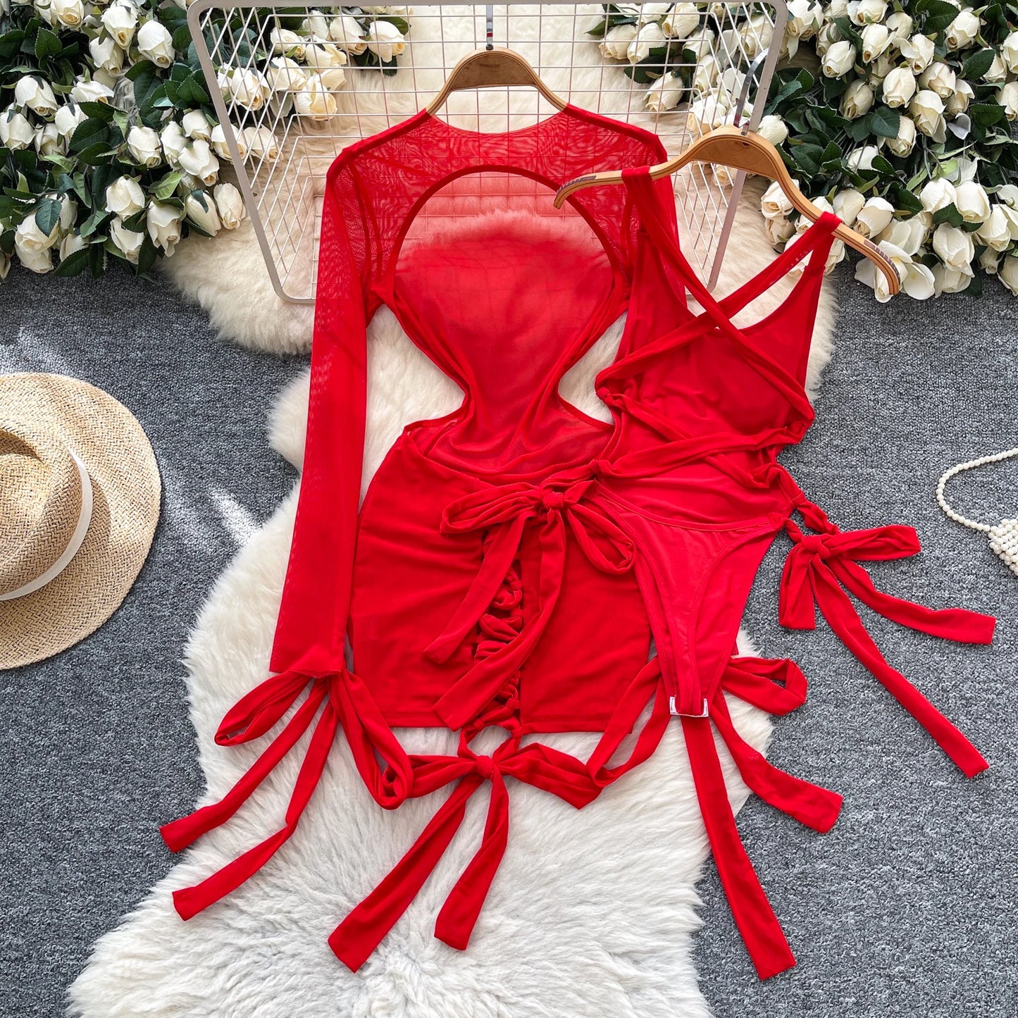 Split Swimwear Long Sleeves Hollow Out Mini Dress + Lace Up Bodysuits Sheer Vacation Bikini Sets
