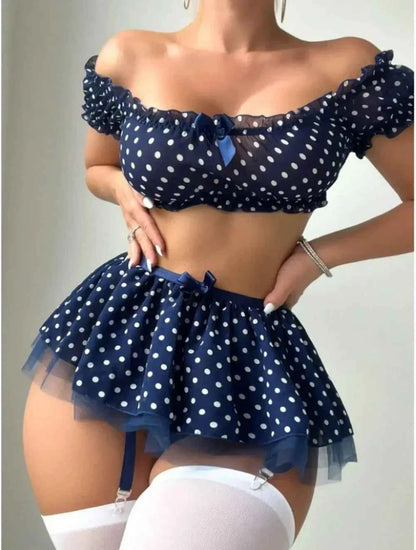 Erotic Short Skirt with Garter Straps Polka Dot + Off Shoulder Puffy Polka Bra Set