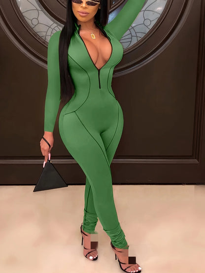 Women Zipper Up Striped Splicing Long Sleeve Bodycon Moto Biker Jumpsuit Sexy Club Night Party Romper Playsuit