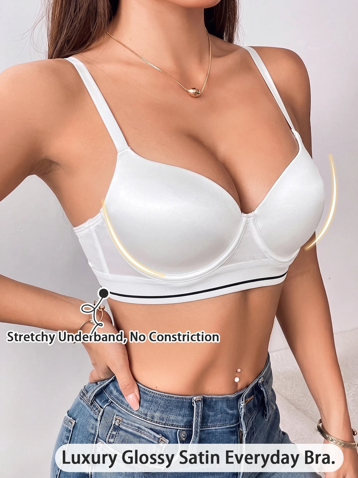 Underwire Push-Up Bra Glossy Satin U-Back Support Adjustable Straps Anti-Sagging Everyday Lingerie