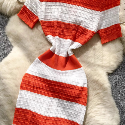 Chic Knitted Slim Waist Office Lady Sweater Maxi Dresses