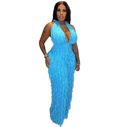 Ruffles Deep V-neck Halter Backless Wide Leg Jumpsuits