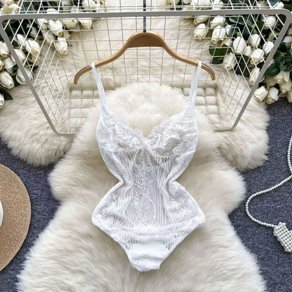 Satin Comfortable Strap Lace Spliced Sheer Lingerie