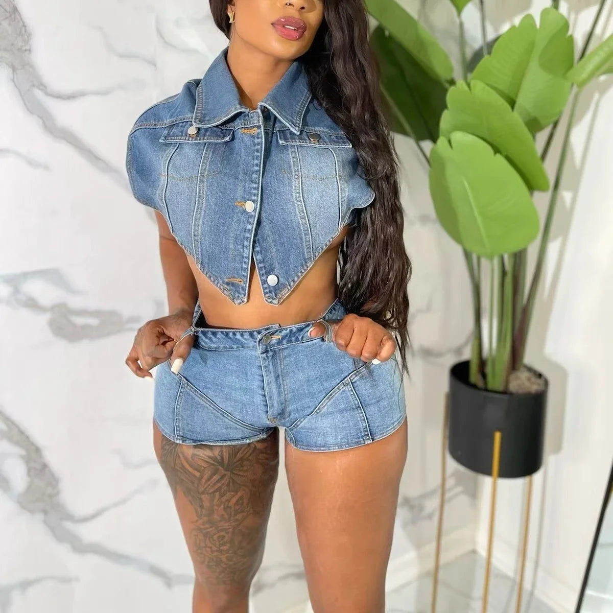 Denim Top Single Breasted + Short Matching Sets