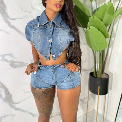 Denim Top Single Breasted + Short Matching Sets