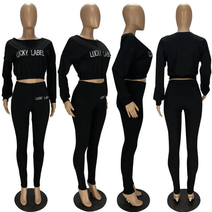 Winter Solid Lucky Label Letter Embroidery Two Piece Sets Women Sweatshirt+Leggings Casual Sporty Tracksuits Female