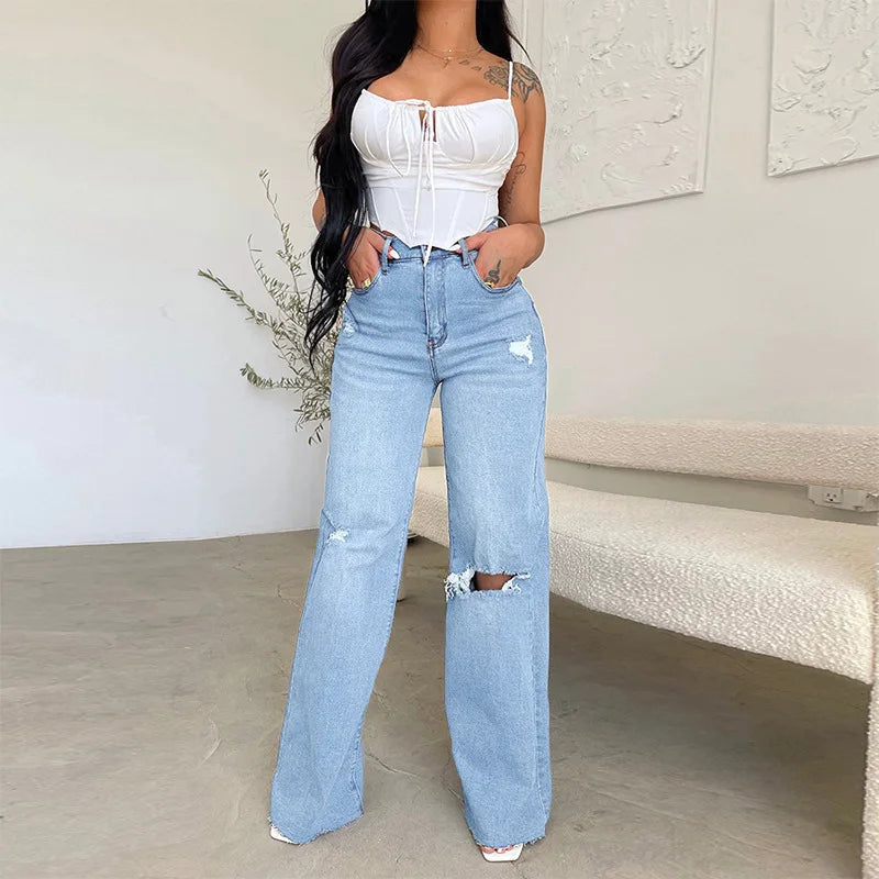 Joan's Wide Leg Pants Denim High Waist Zipper Fly Washing Holes Pockets High Street Jeans