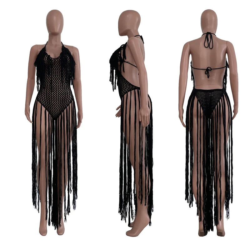 Knitted Tassel See Through Holiday Beach Bodysuits