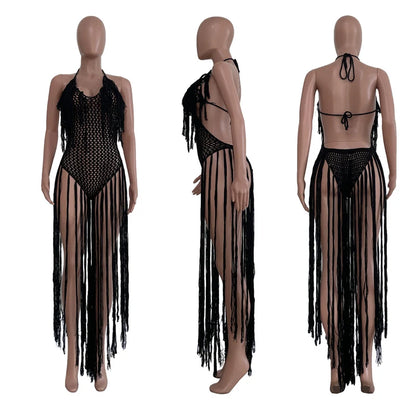 Knitted Tassel See Through Holiday Beach Bodysuits