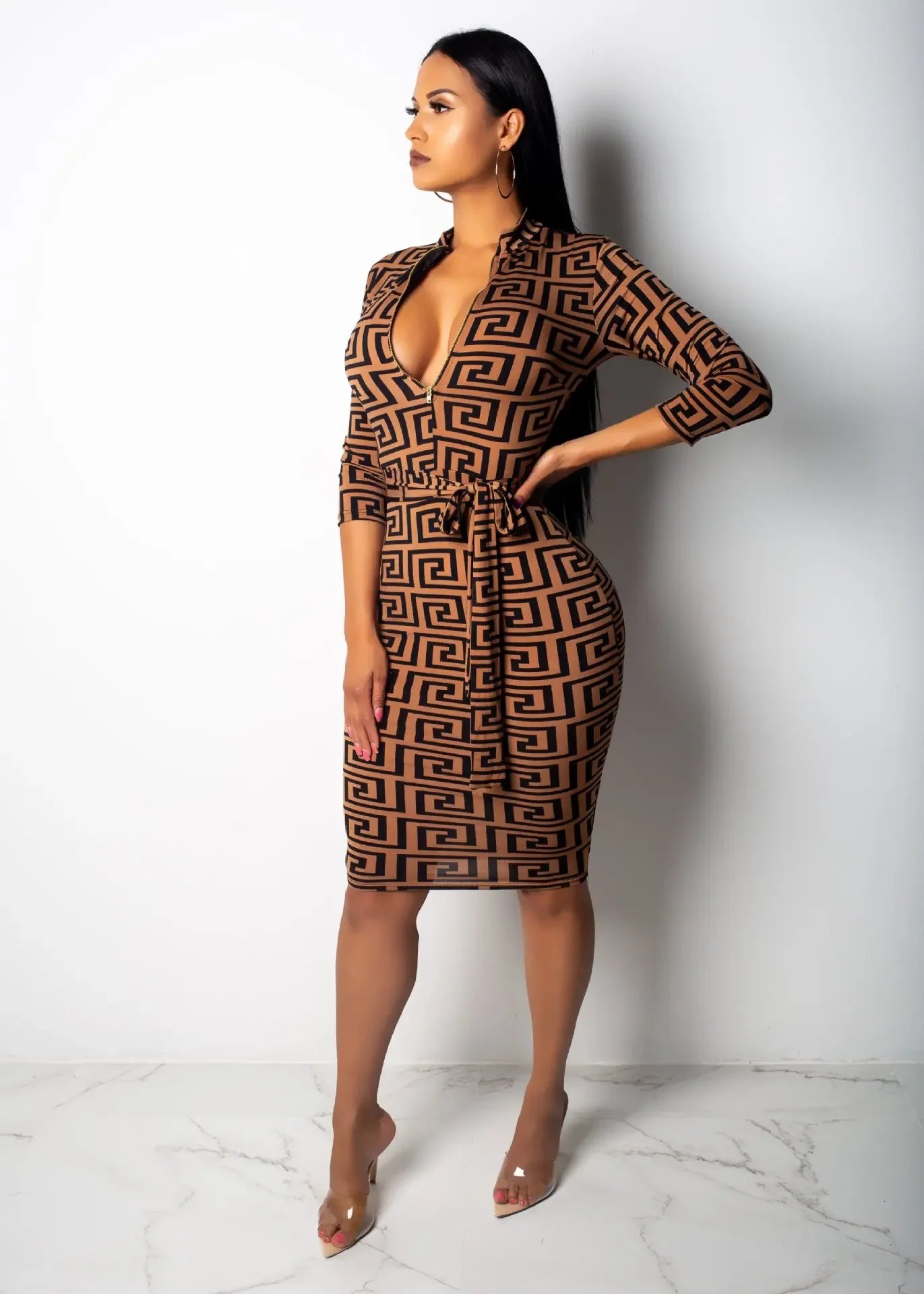 Elegant Print Slim High Waist Dress Office Lady Long Sleeve Midi Plaid V Neck Party